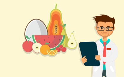 graphic showing group of fruits and doctor holding clipboard